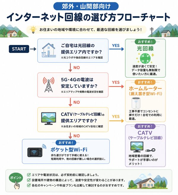 郊外・山間部向け インターネット回線の選び方フローチャート