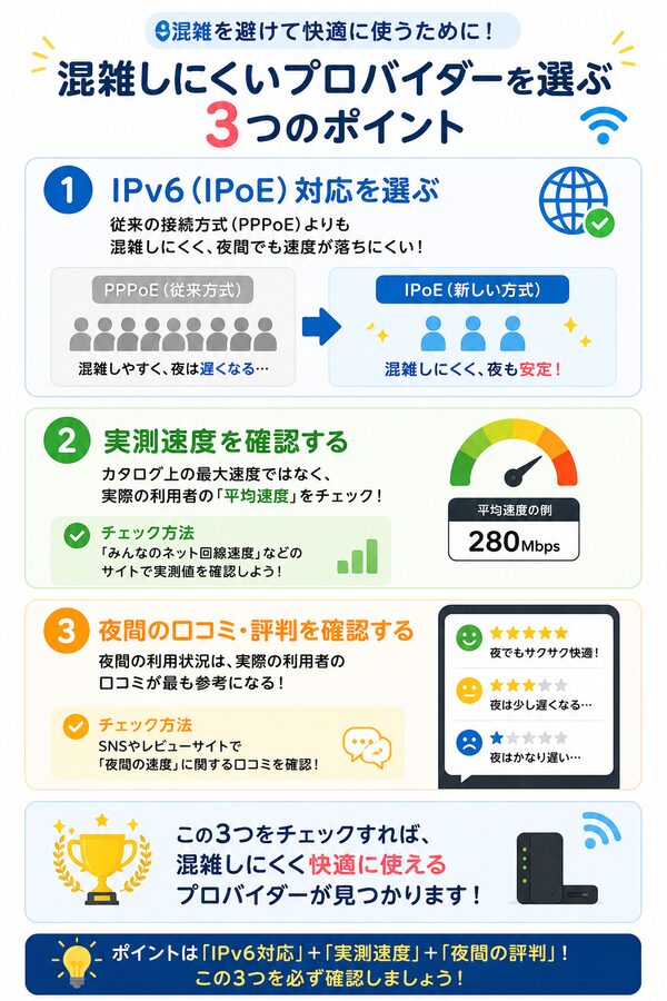 混雑しにくいプロバイダーを選ぶ3つのポイント