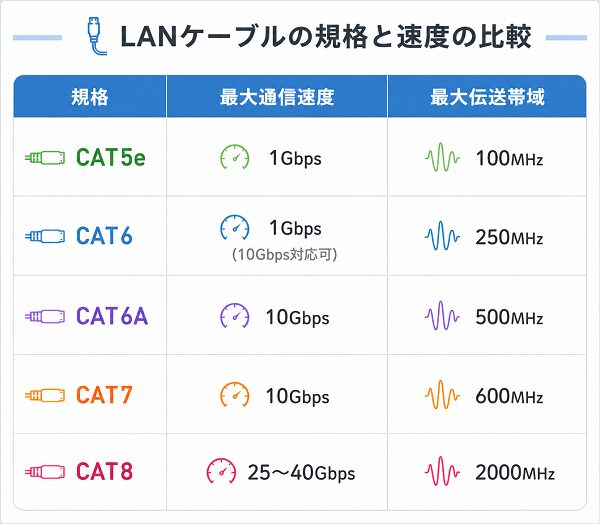 LANケーブルの規格ごとの速度比較表