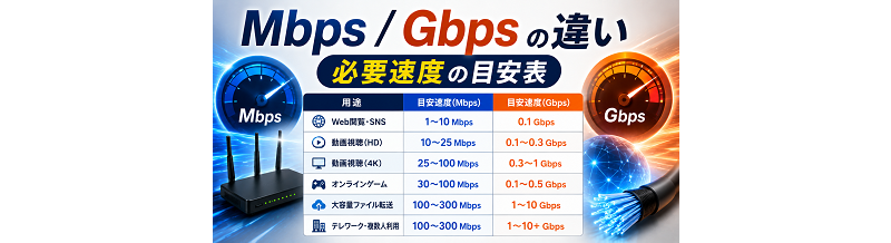 Mbps/Gbpsの違い｜必要速度の目安表