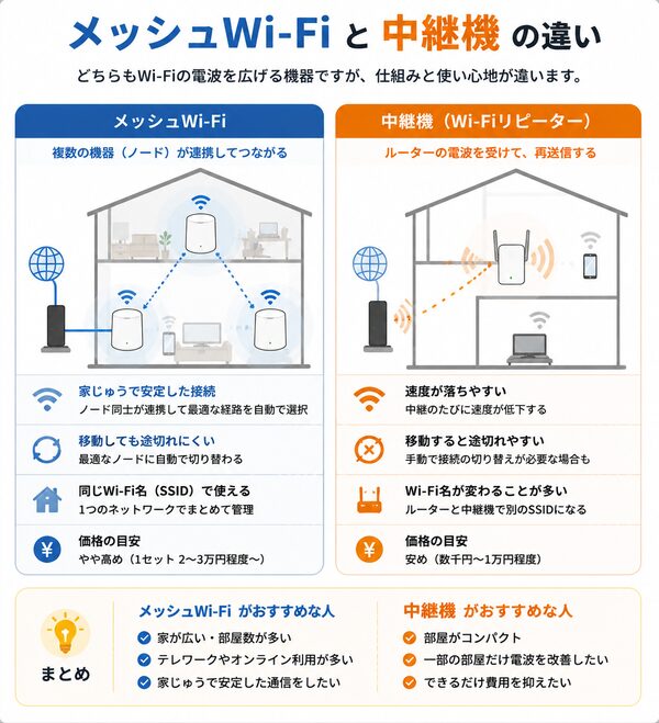 メッシュWi-Fi vs 中継機の違い比較図