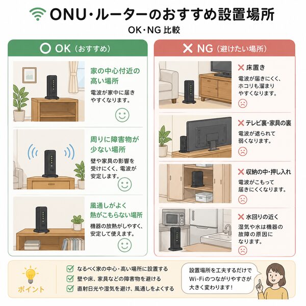 ONU・ルーターのおすすめ設置場所【OK・NG比較】