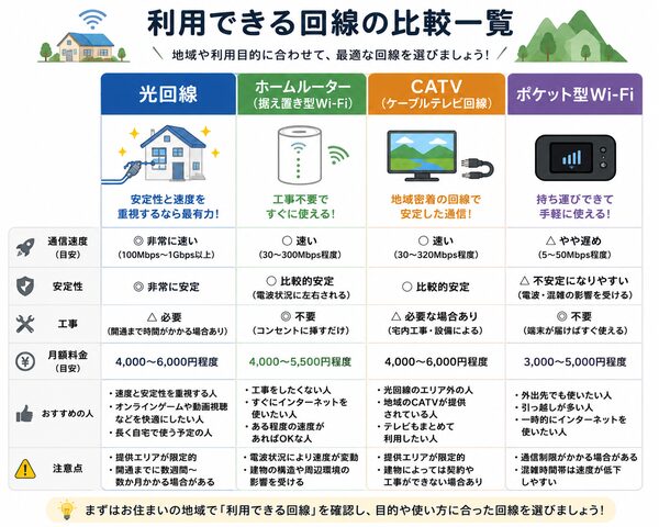 利用できる回線の比較一覧【光回線・ホームルーター・CATV・ポケット型Wi-Fi】