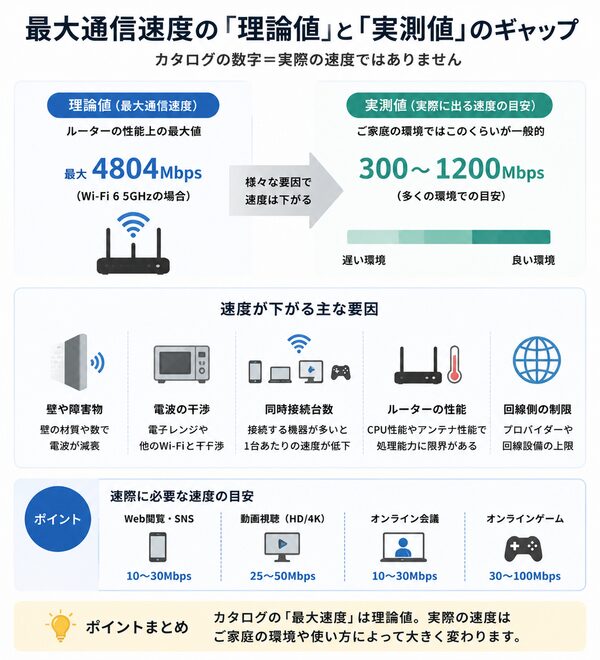 最大通信速度の“理論値と実測のギャップ”