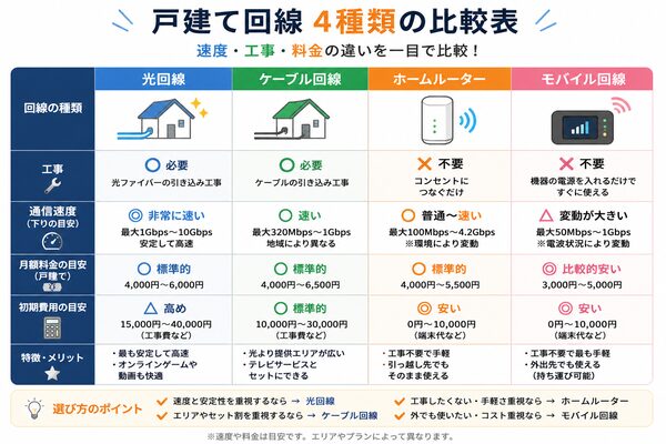 戸建て回線4種類比較(速度・工事・料金)