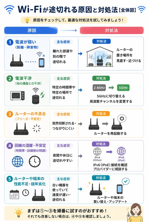 Wi-Fiが途切れる原因と対処法【全体図】