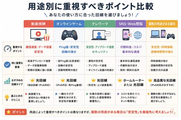用途別に重視すべきポイント比較