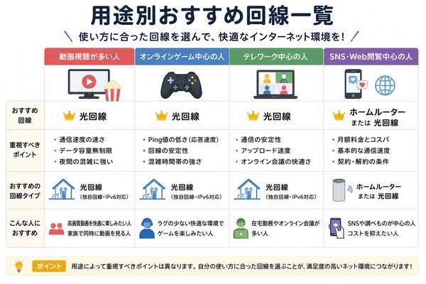用途別おすすめ回線一覧【動画・ゲーム・テレワーク・SNS】
