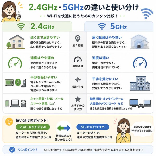 2.4GHz・5GHzの違いと使い分け比較図