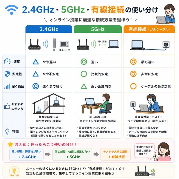 2.4GHz・5GHz・有線接続の使い分け比較