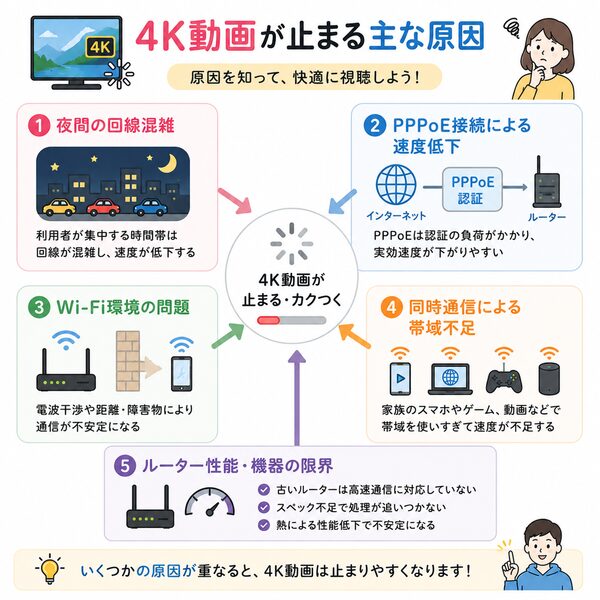 4K動画が止まる原因一覧(回線混雑・PPPoE・Wi-Fi・同時通信・ルーター性能の関係図)