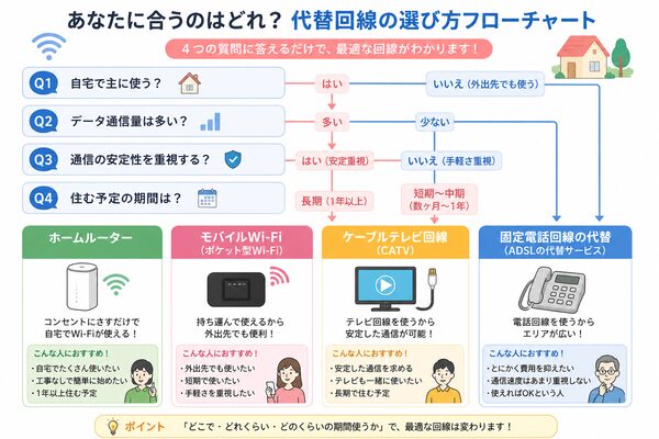 ホームルーター・モバイルWi-Fi・CATV・固定電話回線の選び分けフローチャート