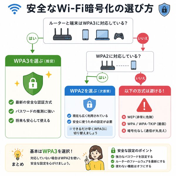 安全なWi-Fi暗号化の選び方フローチャート(WPA3→WPA2→避ける方式)