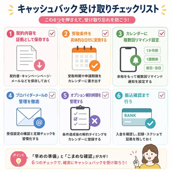 キャッシュバック受け取りチェックリスト(6項目)