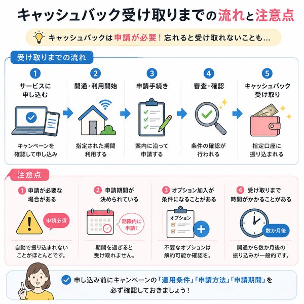 キャッシュバック受け取りまでの流れと注意点