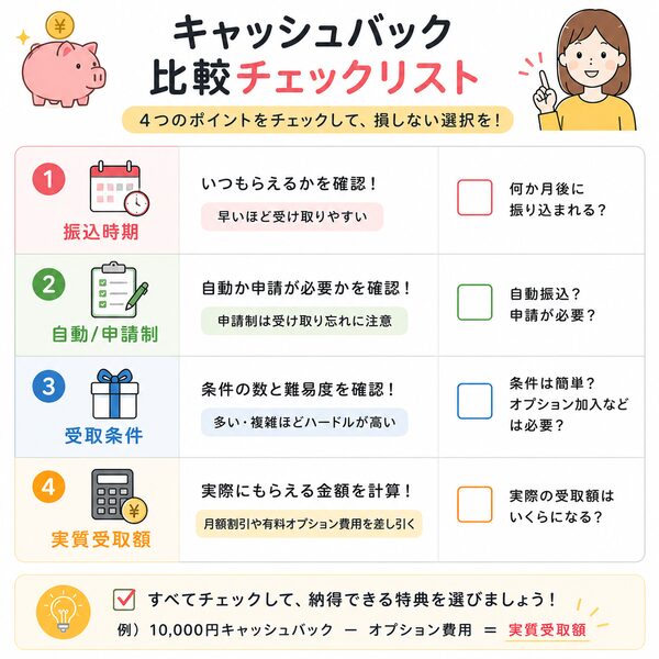 キャッシュバック比較チェックリスト(振込時期・自動/申請制・受取条件・実質受取額を確認)