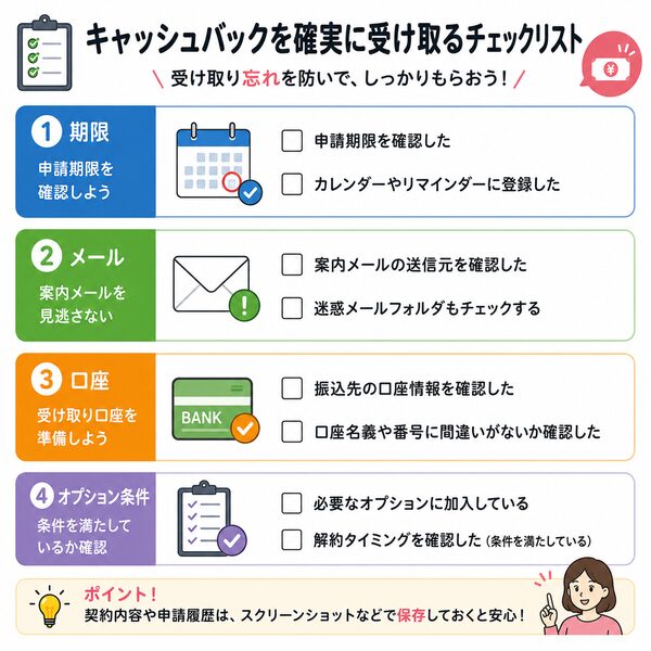 キャッシュバックを確実に受け取るチェックリスト(期限・メール・口座・オプション条件)