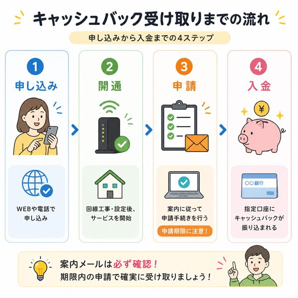キャッシュバック受け取りまでの流れ（申し込み→開通→申請→入金）