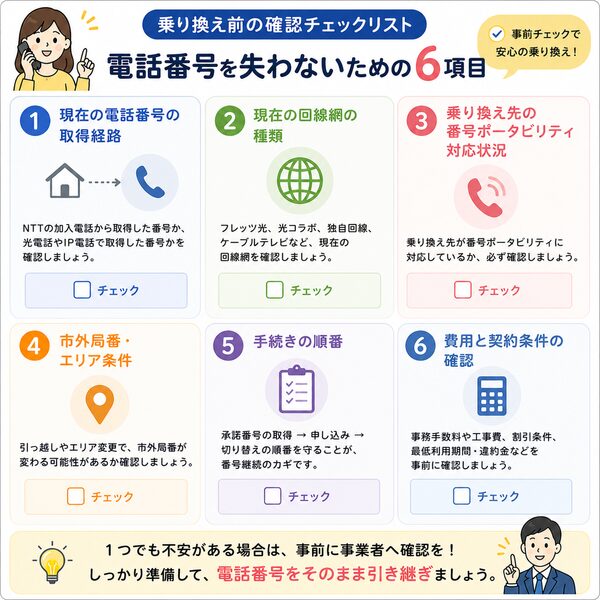 乗り換え前の確認チェックリスト(電話番号を失わないための6項目)