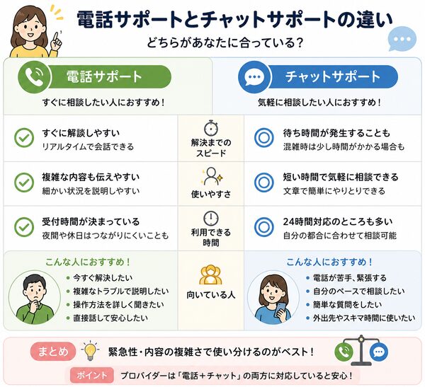 電話サポートとチャットサポートの違い・向いている人比較図