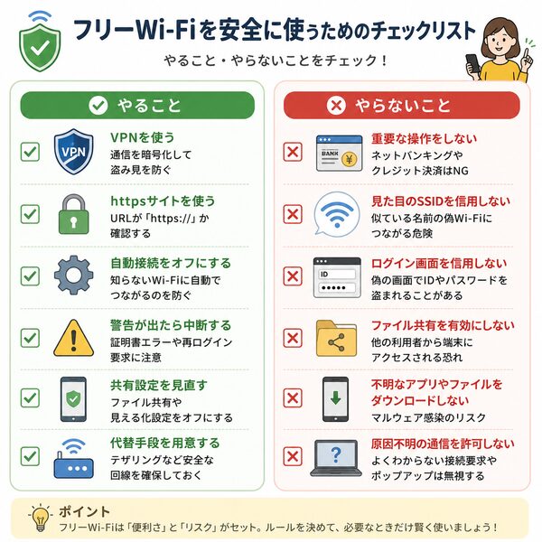 フリーWi-Fiを安全に使うためのチェックリスト(やること・やらないこと一覧)