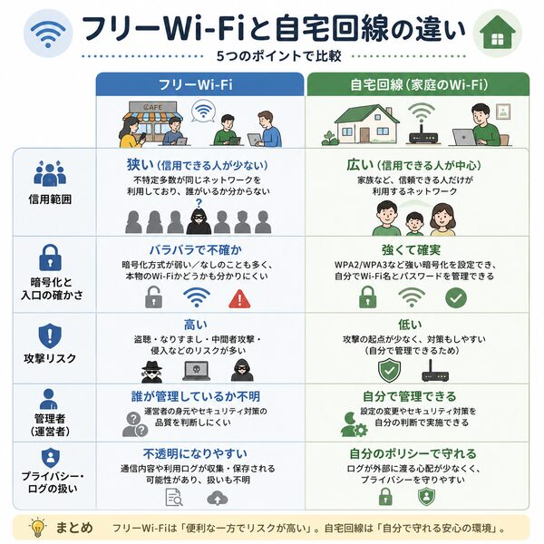 フリーWi-Fiと自宅回線の違い比較図(信用範囲・暗号化・攻撃リスク・管理者・プライバシー)