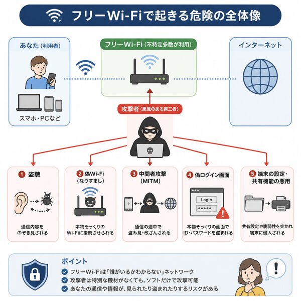フリーWi-Fiで起きる危険の全体像(盗聴・偽Wi-Fi・MITM・侵入の関係図)