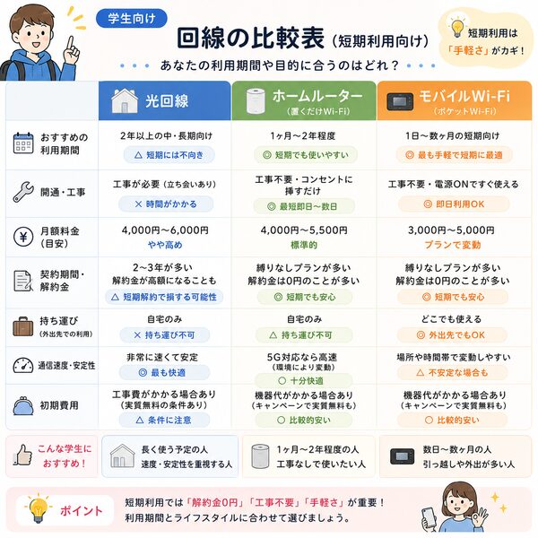 光回線・ホームルーター・モバイルWi-Fiの比較図(短期利用向け)