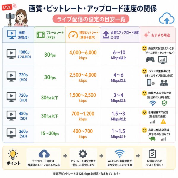 画質・ビットレート・アップロード速度の関係図(設定の目安一覧)