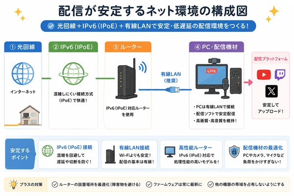 配信が安定するネット環境の構成図(光回線→IPv6(IPoE)→ルーター→有線LAN→PC・配信機材)