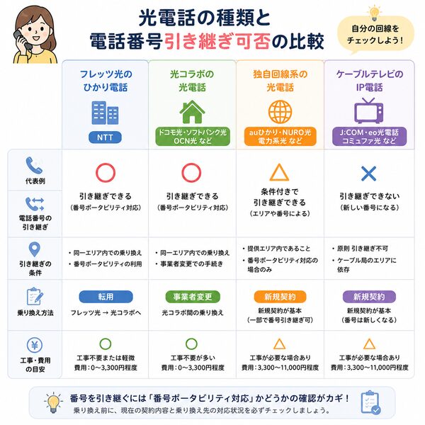 光電話の種類と電話番号引き継ぎ可否の比較図(フレッツ・光コラボ・独自回線・CATV)