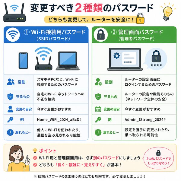 変更すべき2種類のパスワード比較図（Wi-Fi接続用パスワード／管理画面パスワード）