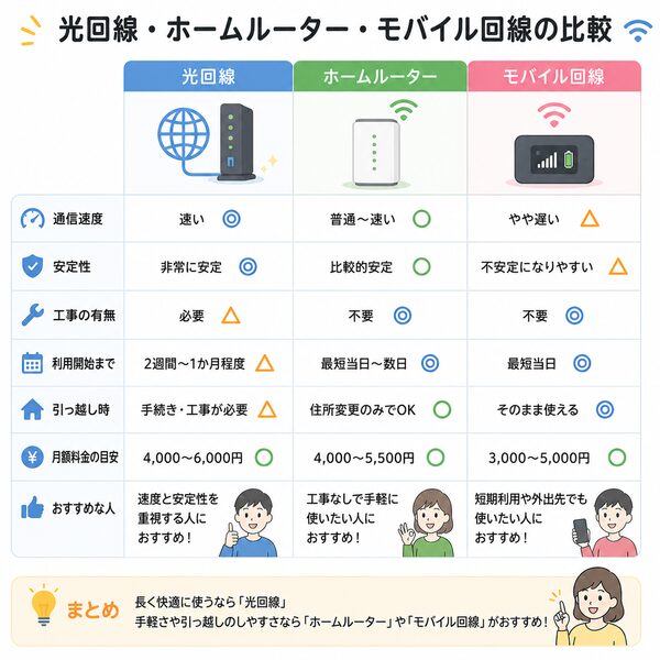 光回線・ホームルーター・モバイル回線の比較表