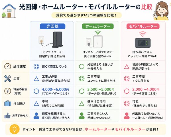 光回線・ホームルーター・モバイルルーターの比較図