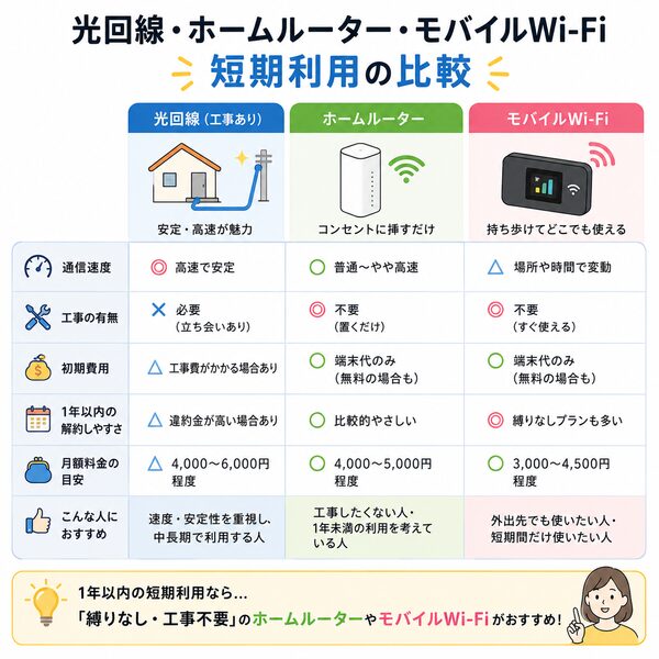 光回線・ホームルーター・モバイルWi-Fiの短期利用比較