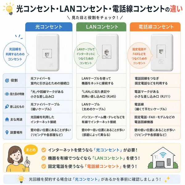 光コンセント・LANコンセント・電話線コンセントの違い比較図