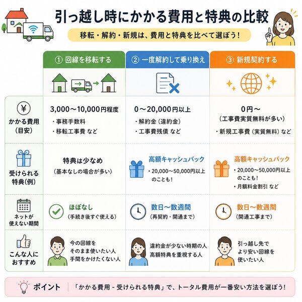 引っ越し時にかかる費用と特典の比較図