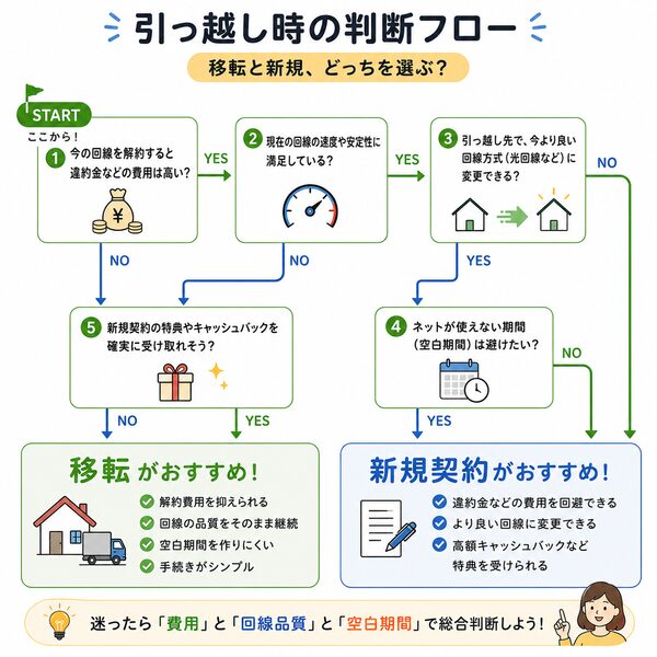 引っ越し時の判断フロー(移転か新規かを選ぶ流れ)