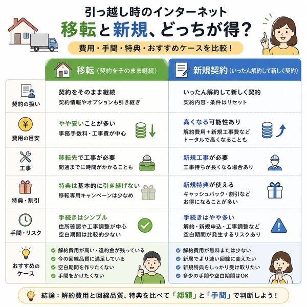 移転と新規の比較図(費用・手間・特典・おすすめケース)