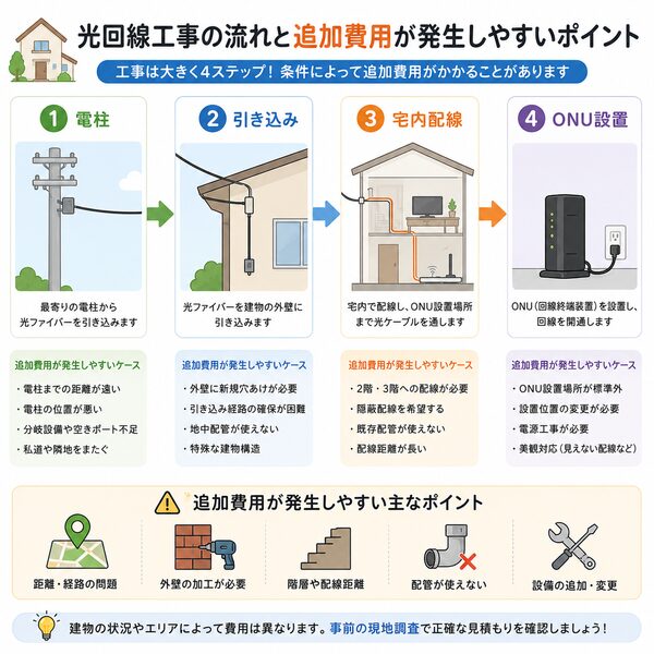 光回線工事の流れと追加費用が発生しやすいポイント(電柱→引き込み→宅内配線→ONU設置)