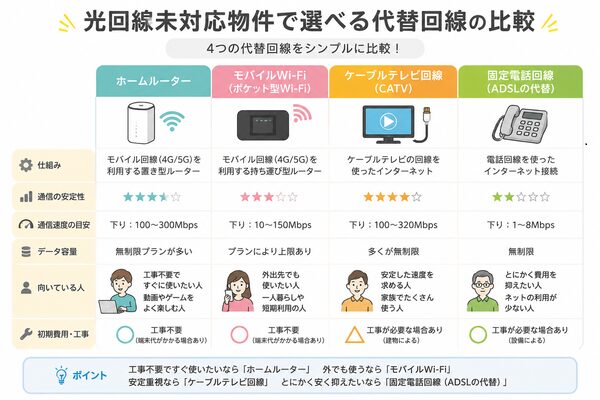 光回線未対応物件で選べる代替回線の比較図
