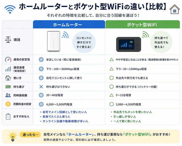 ホームルーターとポケット型WiFiの違い【比較】