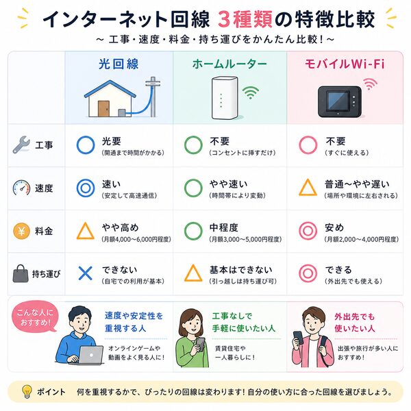 光回線・ホームルーター・モバイルWi-Fiの特徴比較図(工事・速度・料金・持ち運び)