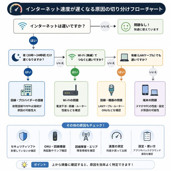 インターネット速度が遅くなる原因の切り分けフローチャート