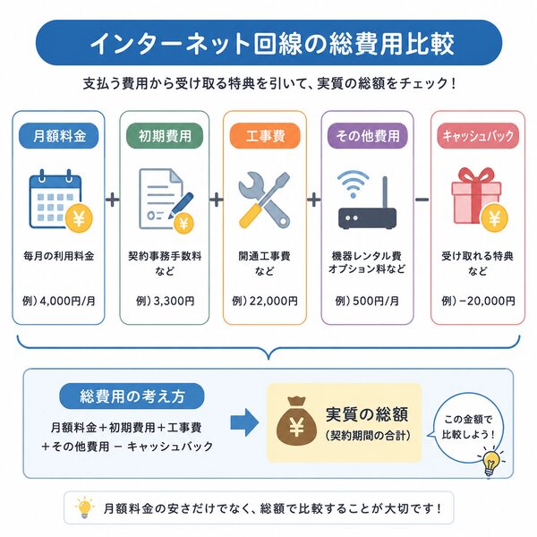 インターネット回線の総費用比較図(月額料金・初期費用・工事費・キャッシュバックの内訳)