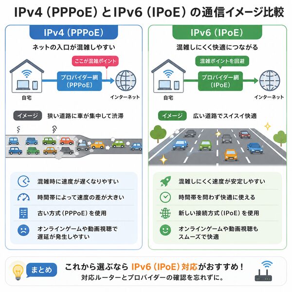 IPv4(PPPoE)とIPv6(IPoE)の通信イメージ比較図