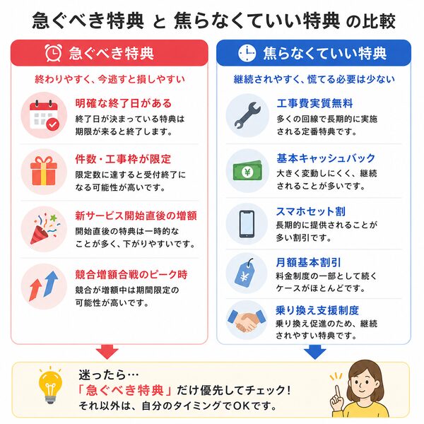 「急ぐべき特典」と「焦らなくていい特典」の比較図