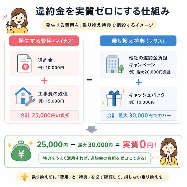 違約金を実質ゼロにする仕組み図(違約金+工事費残債 ← 他社負担・キャッシュバックで相殺)