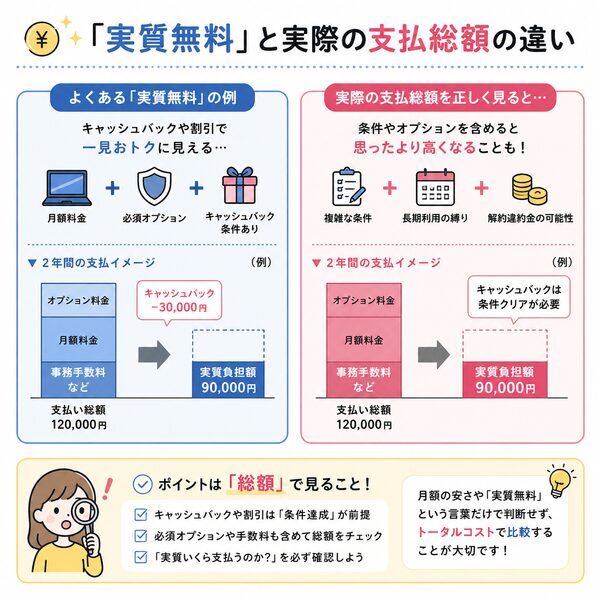 「実質無料」と実際の支払総額の違いを比較した図解
