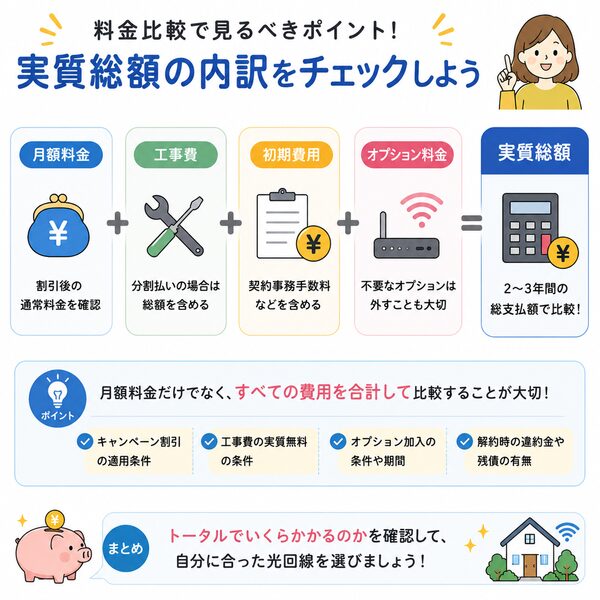 料金比較で見るべきポイント(実質総額の内訳)